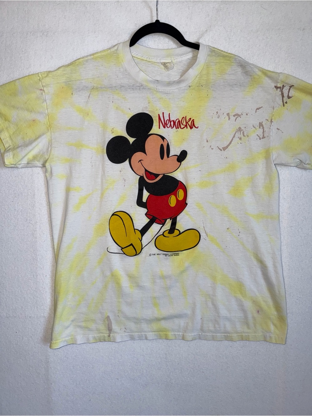 Vintage Velva Sheen Mickey Mouse Nebraska Tee Disney White & Yellow Tie-Dye